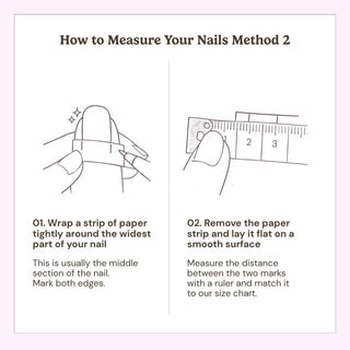 Illustrated guide showing how to measure your nails using a strip of paper, a pen, and a ruler or tape measure by wrapping the paper around the widest part of each nail, marking the edges, and measuring for the correct Eyecandys press-on nail size.