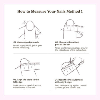 Illustrated guide showing how to measure your nails using the tape method by placing clear tape across the widest part of each nail, marking the edges, and measuring for the perfect Eyecandys press-on nail size.