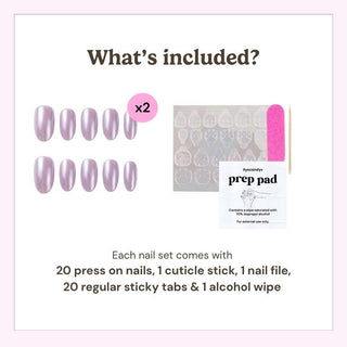 Eyecandys press-on nail kit contents including 20 reusable press-on nails, 20 adhesive sticky tabs, a nail file, a cuticle stick, and an alcohol wipe for easy at-home application.