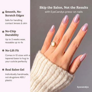 Detailed view of Eyecandys Taro Latte press-on nails highlighting a reflective taro purple chrome finish, pearlescent shine, and creamy lavender tones.