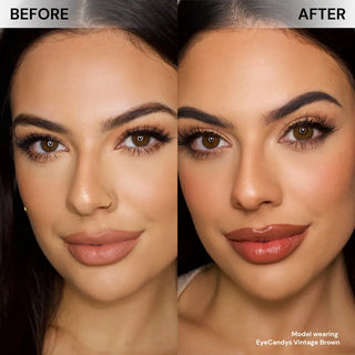 Before and after of model’s face wearing EyeCandys Vintage Brown prescription colored contact lenses, natural brown eye transformation, cosmetic circle lenses for daily wear.