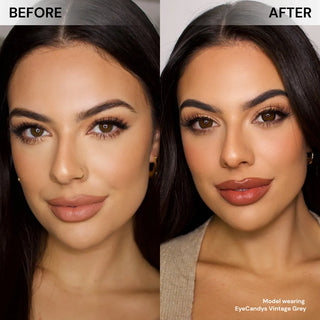 Before and after of model’s face wearing EyeCandys Vintage Grey prescription colored contact lenses, showing soft and natural grey eye transformation with a subtle vintage tone