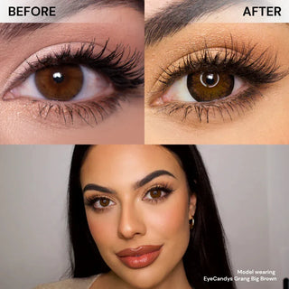 Before and after wearing EyeCandys Grang Big Brown prescription colored contact lens