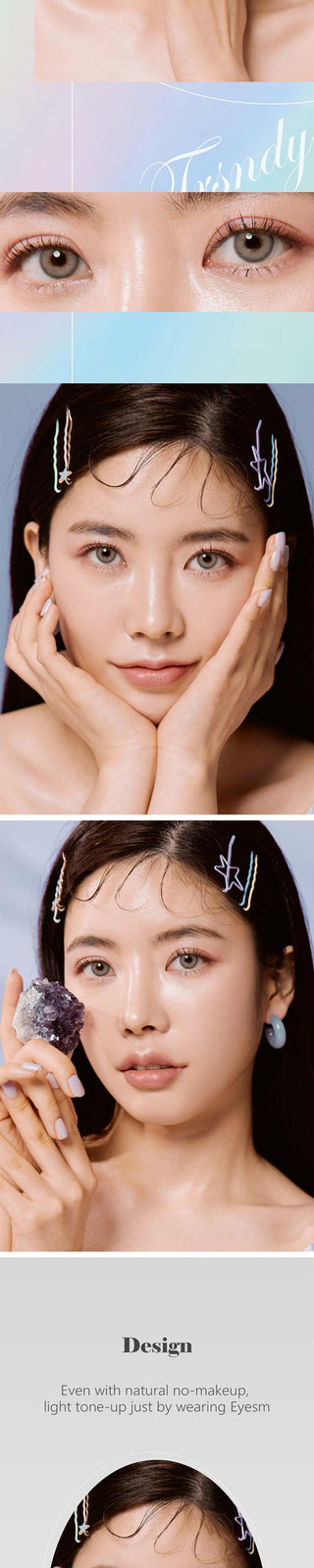 Several views of a Korean model with the Eyesm Shade Grey color contact lenses. An enlargement of a model's eyes with the prescription colored contacts, demonstrating the subtle yet striking change on dark eyes.