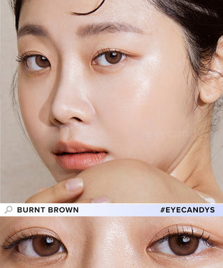 Eyesm Burnt Brown Colour Contact Lens worn on a female model with dark eyes