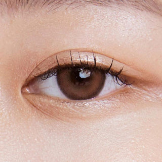 Macro photograph of a dark brown eye with clean makeup showcasing the Burnt Brown prescription color contact lens, highlighting the multicolored detail and natural effect