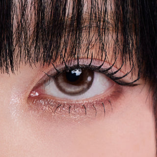 Close-up shot of model's eye adorned with Grace Chocolate prescription circle contact lenses, complemented by clean eye makeup, showing the brightening effect of the prescription cosmetic contact lens on dark brown eyes.