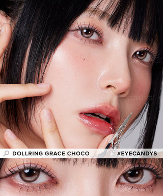 Eyesm Grace Choco Colour Contact Lens worn on a female model with dark eyes, above a closeup cutout of her eyes wearing the cool brown contacts