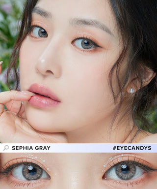 Eyesm Sephia Grey Color Contact Lens worn on a female model with dark eyes