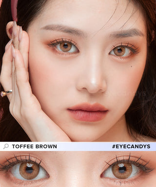 Eyesm Toffee Brown Colour Contact Lens worn on a female model with dark eyes, above a closeup cutout of her eyes wearing the warm brown contacts