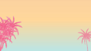 Pink palm trees are set against a pastel gradient background fading from peach at the top to light blue at the bottom, with most trees on the left side and one smaller palm on the lower right.
