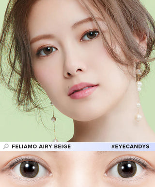 A close-up of a model demonstrating a natural makeup look with Feliamo 1-Day Airy Beige (10pk) circle colour contacts, highlighting how well the contact lenses blend with her dark eyes.
