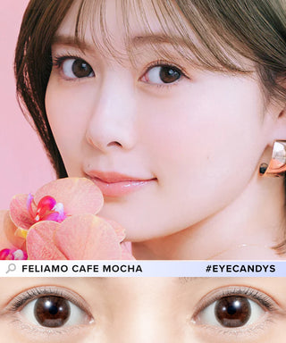 A close-up of a model demonstrating a natural makeup look with Feliamo 1-Day Cafe Mocha (10pk) circle colour contacts, highlighting how well the contact lenses blend with her dark eyes.