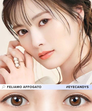 A close-up of a model demonstrating a natural makeup look with Feliamo 1-Day Affogato (10pk) circle colour contacts, highlighting how well the contact lenses blend with her dark eyes.