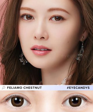A close-up of a model demonstrating a natural makeup look with Feliamo 1-Day Chestnut (10pk) circle colour contacts, highlighting how well the contact lenses blend with her dark eyes.