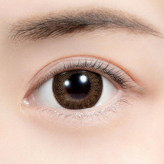 Close-up shot of model's eye adorned with Feliamo 1-Day Chestnut (10pk) color contact lenses with prescription, complemented by minimalist eye makeup, showing the brightening and enlarging effect of the circle contact lens on dark brown eyes.