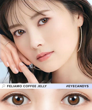 A close-up of a model demonstrating a natural makeup look with Feliamo 1-Day Coffee Jelly (10pk) circle colour contacts, highlighting how well the contact lenses blend with her dark eyes.