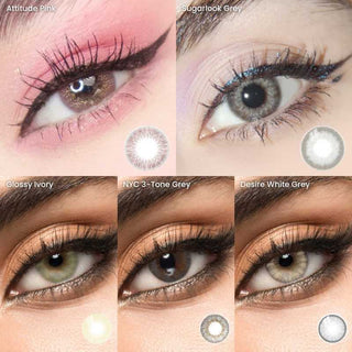 Collage of various color contact lenses in pink, grey, ivory (hazel), dark grey and light grey, showing the transformative effect over dark irises.