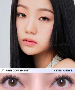 Girl’s face wearing EyeCandys Freedom Honey colored contact lenses with natural makeup – subtle and warm honey tone for a natural look. Below is a close-up of her eyes featuring the lens design.