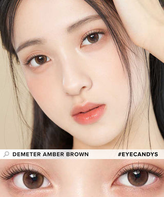 Asian model demonstrating a K-idol-inspired look with Gemhour Demeter 1-Day Amber Brown (10pk) coloured contact lenses, highlighting the instant brightening and enlarging effect of the circle contact lenses over dark irises.