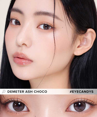 Asian model demonstrating a K-idol-inspired look with Gemhour Demeter 1-Day Ash Choco (10pk) coloured contact lenses, highlighting the instant brightening and enlarging effect of the circle contact lenses over dark irises.