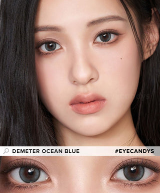 Asian model demonstrating a K-idol-inspired look with Gemhour Demeter 1-Day Ocean Blue (10pk) coloured contact lenses, highlighting the instant brightening and enlarging effect of the circle contact lenses over dark irises.