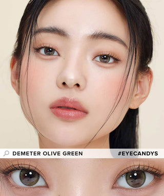 Asian model demonstrating a K-idol-inspired look with Gemhour Demeter 1-Day Olive Green (10pk) coloured contact lenses, highlighting the instant brightening and enlarging effect of the circle contact lenses over dark irises.