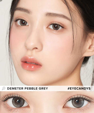 Asian model demonstrating a K-idol-inspired look with Gemhour Demeter 1-Day Pebble Grey (10pk) coloured contact lenses, highlighting the instant brightening and enlarging effect of the circle contact lenses over dark irises.