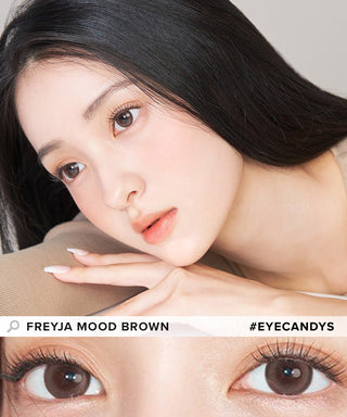 Asian model demonstrating a K-idol-inspired look with Gemhour Freyja 1-Day Mood Brown (10pk) coloured contact lenses, highlighting the instant brightening and enlarging effect of the circle contact lenses over dark irises.