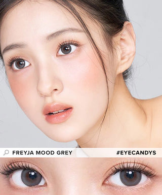 Asian model demonstrating a K-idol-inspired look with Gemhour Freyja 1-Day Mood Grey (10pk) coloured contact lenses, highlighting the instant brightening and enlarging effect of the circle contact lenses over dark irises.