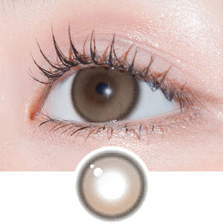 Close-up shot of model's eye adorned with Gemhour Hecate 1-Day Ginger Brown (10pk) daily color contact lenses with prescription, complemented by clean eye makeup, showing the brightening and enlarging effect of the circle contact lens on dark brown eyes, above a cutout of the contact lens pattern with limbal ring on a white background.