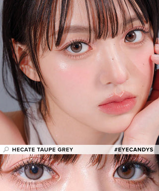 Asian model demonstrating a K-idol-inspired look with Gemhour Hecate 1-Day Taupe Grey (10pk) coloured contact lenses, highlighting the instant brightening and enlarging effect of the circle contact lenses over dark irises.