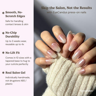 Close up hand showcasing EyeCandys Glazed Donut press on nails with pink to white ombre gradient and high gloss shine.
