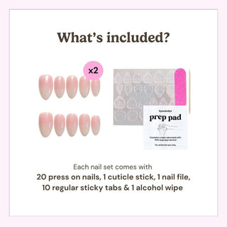 Reusable press on nails kit by EyeCandys including 20 nails, nail file, cuticle stick, alcohol wipe, and 10 sticky tabs for secure application.