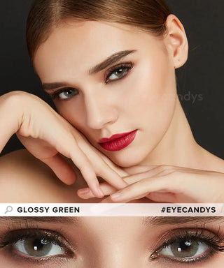 EyeCandys natural Glossy Green colored contacts lens for dark eyes, worn by a model
