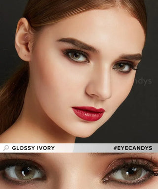 EyeCandys Glossy Ivory Natural Color Contact Lens for Dark Eyes - composite of a female model wearing the lens and a closeup of the colored lenses on the eyes on the bottom