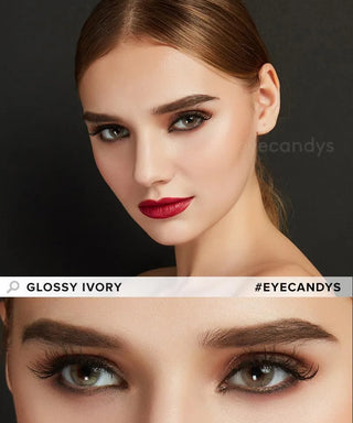 EyeCandys Glossy Ivory Natural Color Contact Lens for Dark Eyes - composite of a female model wearing the lens and a closeup of the colored lenses on the eyes on the bottom