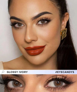 Model wearing EyeCandys Glossy Ivory Prescription Colored Contact Lens, showcasing the unique design and vibrant color. Shop for comfortable, stylish, and high-quality prescription colored contact lenses for a bold eye transformation