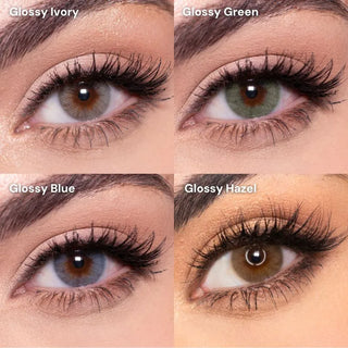Collage of dark brown eyes wearing EyeCandys Glossy Ivory, Glossy Green, Glossy Blue, and Glossy Hazel colored contact lenses — vibrant and natural-looking prescription colored contact lenses for enhancing eye color with vivid and glossy finishes.