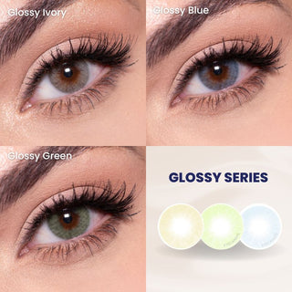 Collage of the 3 colors of the glossy colour contact lens series: glossy ivory, blue, and green colour eye contacts on dark brown eyes.