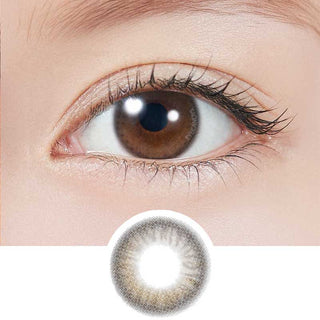 EyeCandys Glow Brown color contact lenses on dark brown eyes with lens design shown – prescription colored contact lenses for a natural look