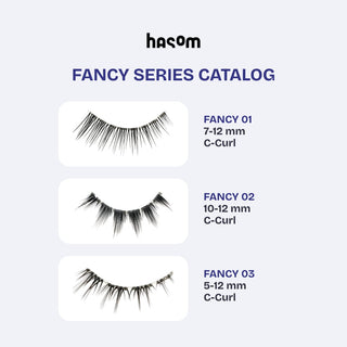 A product catalog graphic for eyecandys Hasom Fancy Series C-Curl eyelashes, showing three styles: FANCY 01 (7-12 mm), FANCY 02 (10-12 mm), and FANCY 03 (5-12 mm) on a light gray background.