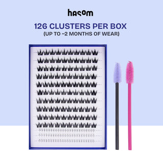 EyeCandys Hasom Luxury 06 pre-glued cluster lash bundle featuring dense, wide-eyed lashes with defined peaks, 8mm and 13mm upper lash fibers, and 3mm and 5mm lower lash clusters for a fuller lash look.