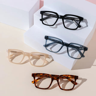 Eyecandys Hotshot Unisex Square Full Frame Acetate Glasses in Tortoiseshell, Pink, Black, and Blue for a stylish, modern look. Durable and lightweight frames perfect for both men and women