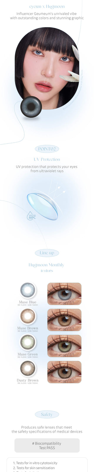 The Eyesm Hugmoon Muse Blue contact lens hue from different perspectives on a model. different close-ups of eyes with the colour lens, displaying the subtle but natural change on dark brown, natural brown, and light brown eyes.
