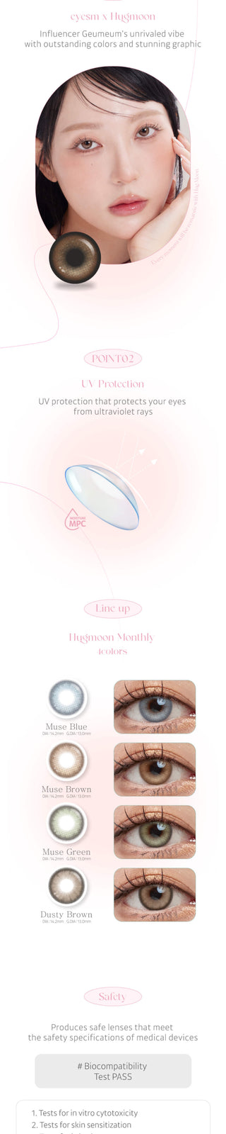 The Eyesm Hugmoon Brown contact lens hue from different perspectives on a model. different close-ups of eyes with the colour lens, displaying the subtle but natural change on dark brown, natural brown, and light brown eyes.