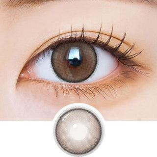 Macro shot of an eye wearing the i-Sha Dekame Hug Me Taupe prescription colour contact lens, showing the multi-colored detail and natural effect on dark brown eyes, with clean eye makeup. At the bottom is the pattern of the colored lens design, showing the dotted detail and pigmentation.