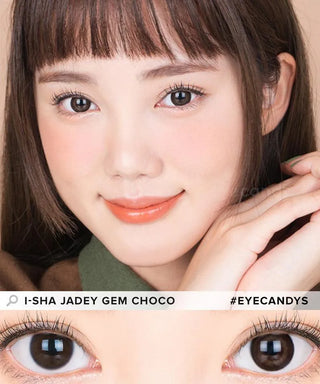 Model showcasing the natural look using i-Sha 1-Day Jadey Gem Choco (10pk) prescription colored contact lenses, above a closeup of a pair of eyes enhanced and widened by the circle lenses.