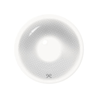 Close-up product image of gray contact lens featuring an intricate dotted pattern, soft gradient, hading, a clear central pupil opening, and a subtle brand logo.