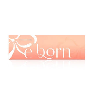 Reborn contact lens brand logo featuring elegant white typography and a flowing floral motif on a warm coral-orange gradient background.